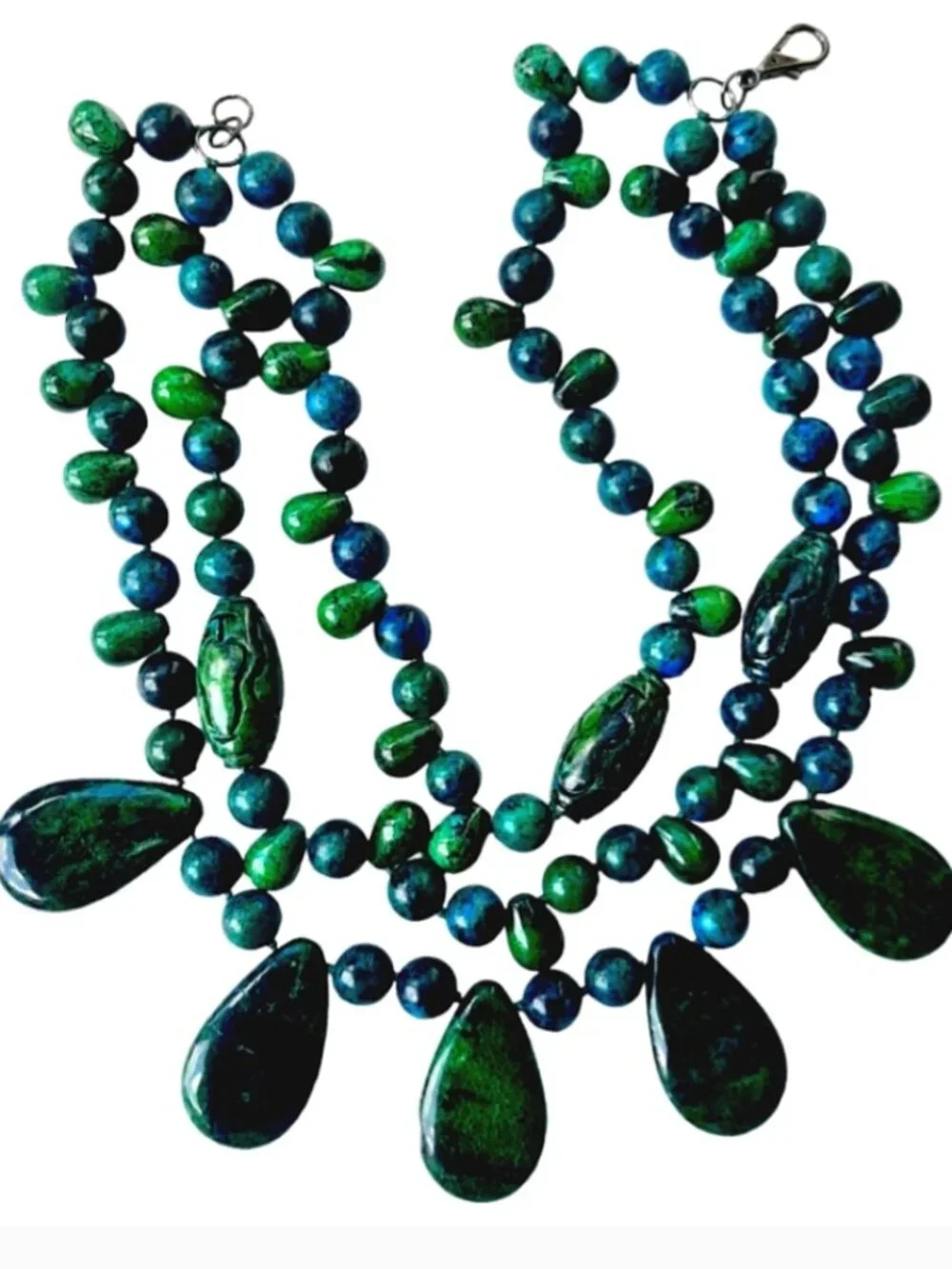 Handmade Azurite Malachite Chrysocolla Teardrop Cabochon Beaded Necklace, Heavy - Picture 2 of 5
